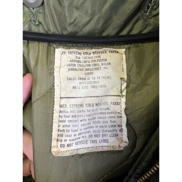 VTG 80s US M65Military Fish Tail Parka Extreme Cold Weather Green Men's Size L - Picture 9 of 9
